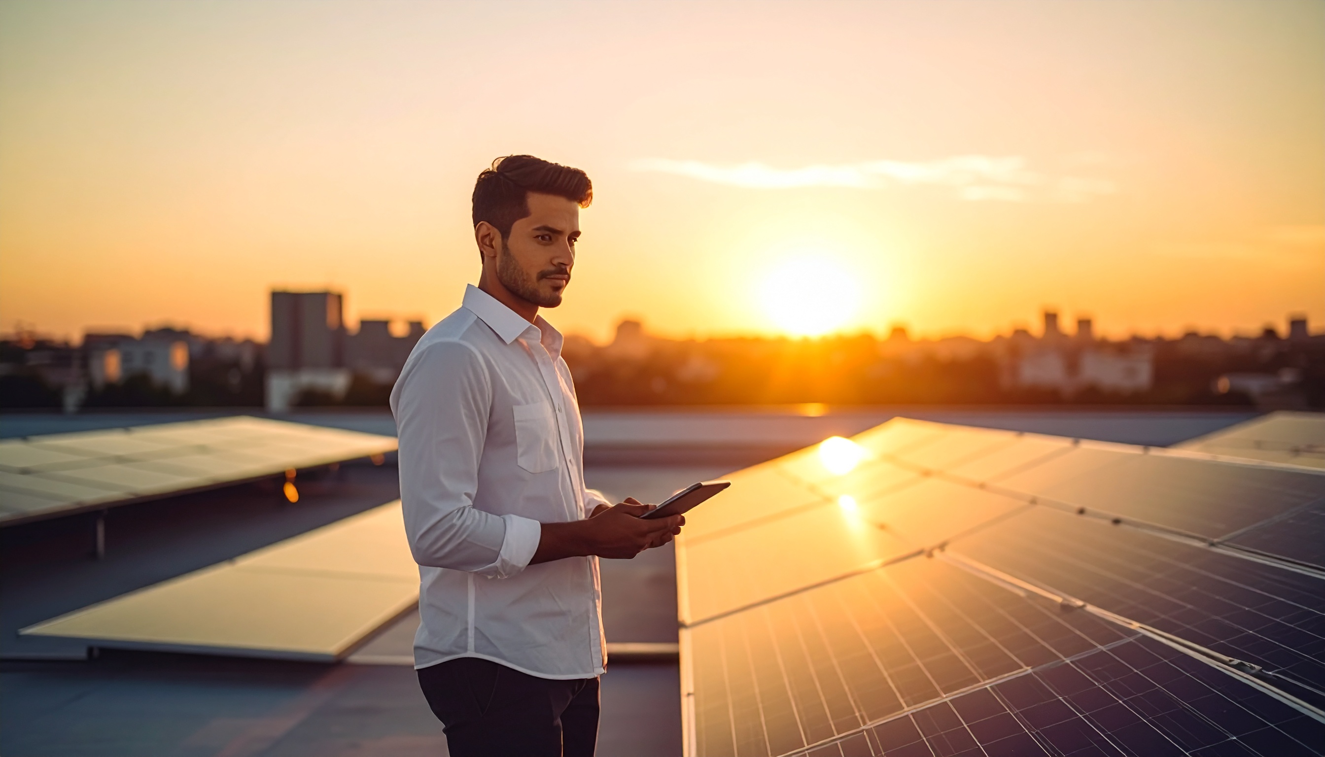 Homem em pé ao lado de painéis solares em um telhado, segurando um tablet ao pôr do sol. A iluminação quente cria uma silhueta suave, destacando o céu alaranjado e a cidade ao fundo. A cena transmite modernidade e sustentabilidade, com foco nítido no homem e nos painéis, enquanto o fundo está levemente desfocado.